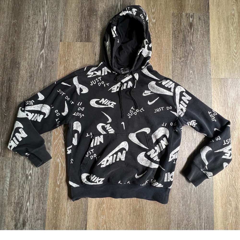 Nike Hoodie Mens Small Black Scribble All Over Print Just Do It Swoosh Pullover